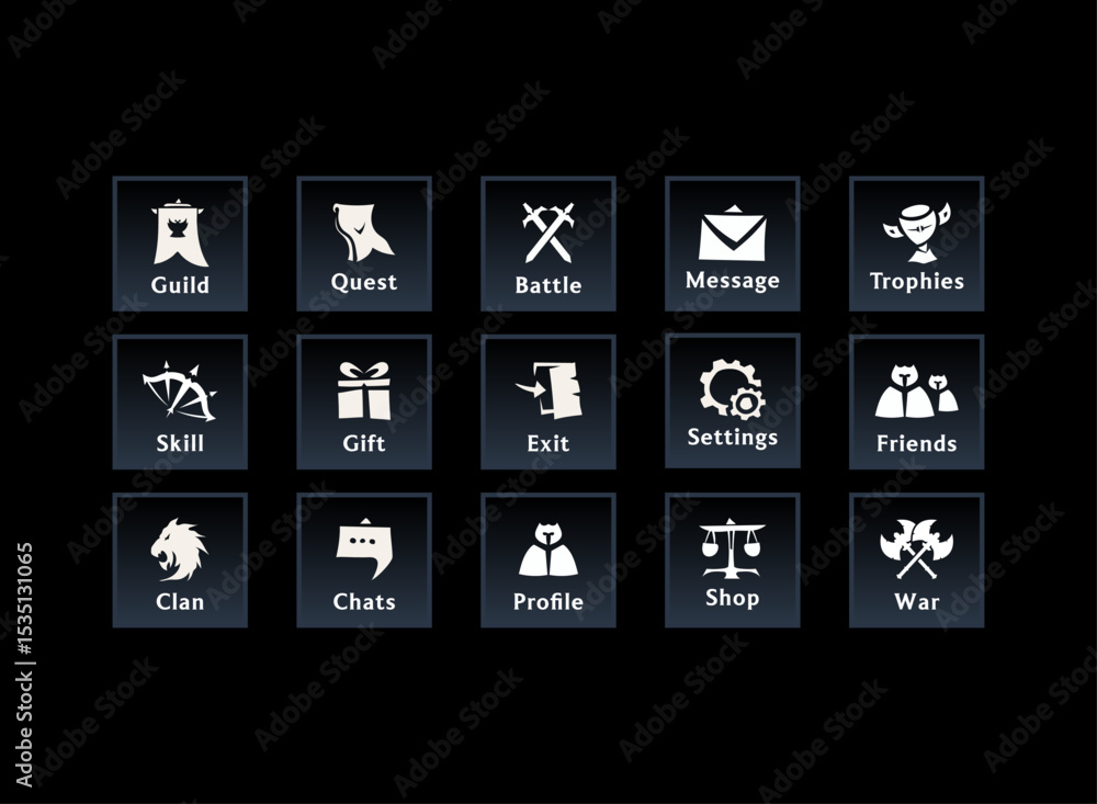 Poster rpg game badge icon set with modern hand drawn fantasy style of ui kit button weapon, menu, settings