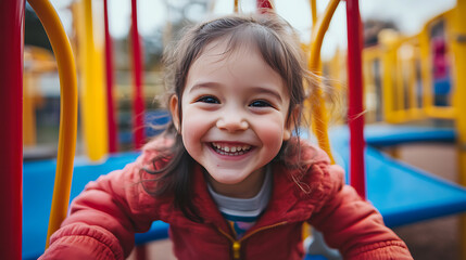 A joyful child smiles brightly while playing on a colorful playground structure.
