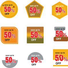 Up to 50 percent off sale. Price tag sticker with offer message. Discount offer price sign. Special offer symbol. Save 50 percentages. Sticker tag banners. Discount label badge. Vector