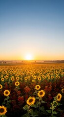 Obraz premium Sunflower Field at Sunrise with Warm Sky and Radiant Morning Light