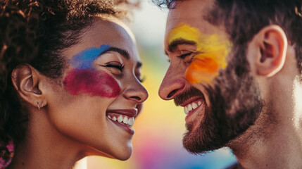 Close-up of couple exchanging a loving glance with pride face paint