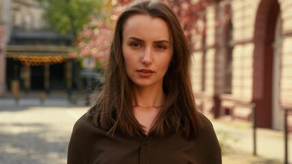 Portrait negative Caucasian woman shaking head no not never reject businesswoman female business girl at street autumn city looking at camera answer disagree deny restrict fail failure attitude denial