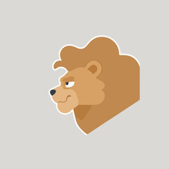 Cartoon lion head with serious expression against gray background.