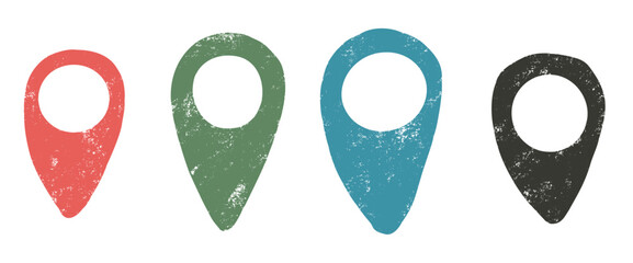 Location map pins colorful crayon drawn set. Road pointer hand drawn doodle isolated on white background. Travel destination symbol elements. Vector navigation geo position illustration by pencil.