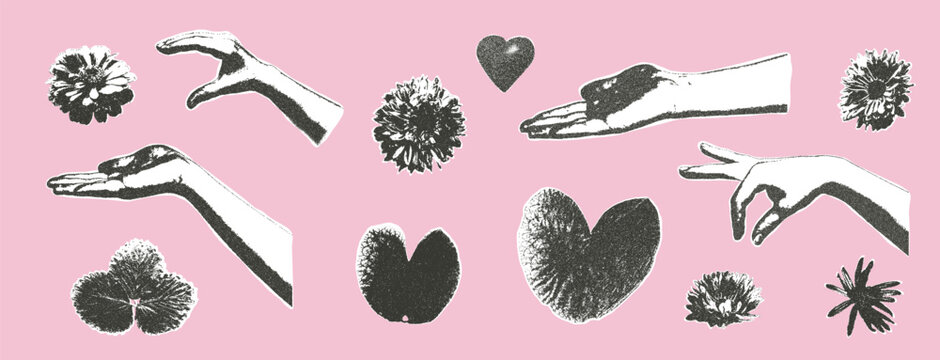 Photocopy effect female hands holding flowers collage set. Cutout opened arms palm with plants for mixed media design. Pieces of retro newspaper elements. Vector retro illustration isolated.