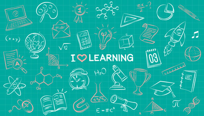 A delightful seamless pattern on a chalkboard background, filled with hand-drawn education doodles and the inspiring "I Love Learning" message. Perfect for creating engaging educational materials.