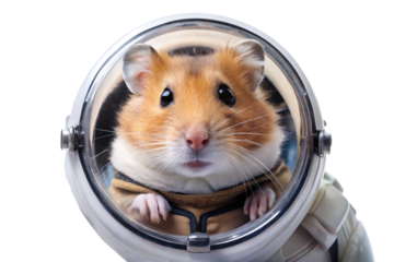 Hamster astronaut floating in space wearing spacesuit isolated on white background