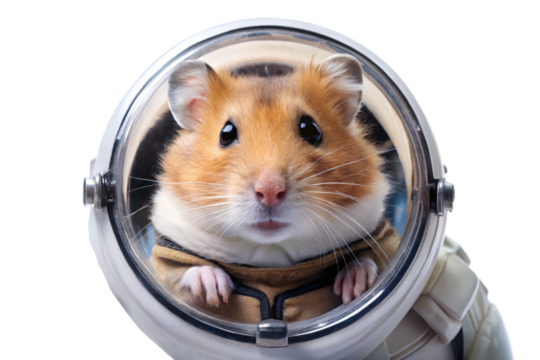 Hamster astronaut floating in space wearing spacesuit isolated on white background