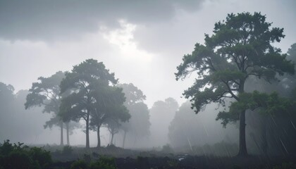 Obraz premium Rain and storm winds blowing trees, thunderstorm