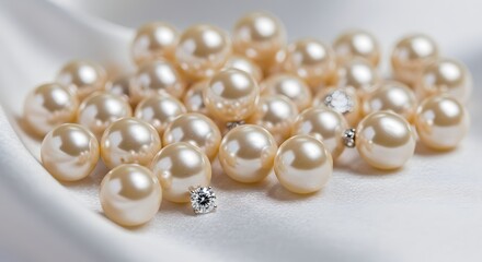 Lusterous pearls with diamond accents on a textured creamy white fabric backdrop in a jewelry display
