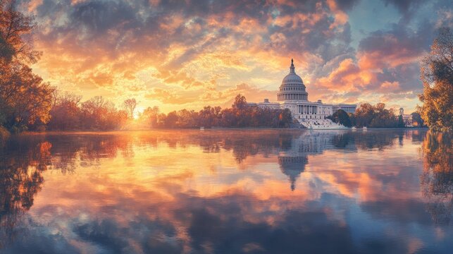 Sunrise over US Capitol building reflected in calm water, autumn foliage.