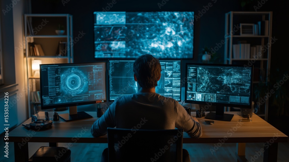 Aufkleber expert analysis of data on multiple screens in a modern workspace at night