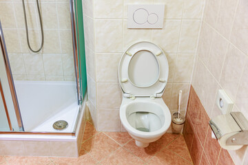 Modern bathroom with wall-mounted toilet and shower enclosure