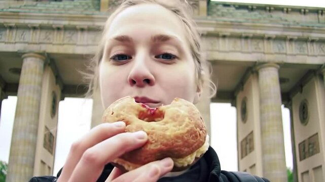 femme mangeant un donuts berlinois