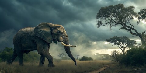 Naklejka premium Graceful African elephants with huge tusks and babies roaming wild in the grassy savannah of Kruger Park