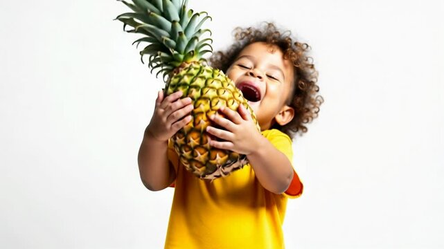 Curly haired boy proudly displays large ripe pineapple in bright setting with joyful expression.