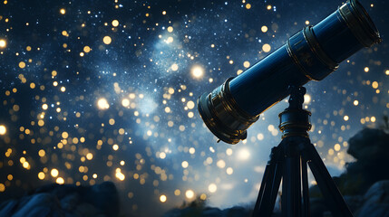 Telescope pointed at a starry night sky, capturing the beauty of the cosmos.