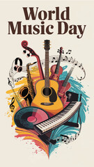 Obraz premium World Music Day poster illustration. Colorful vector design with musical instruments like guitar, piano, and saxophone for a global music festival celebration