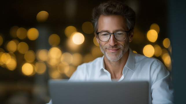 Businessman managing e-invoices on laptop with virtual screen in cafe