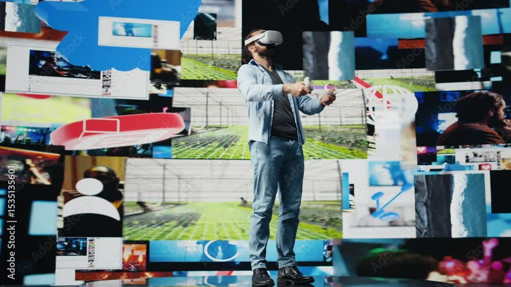 Poster modern cool man uses virtual reality glasses for a 3d web connection, vr simulation showcasing innov
