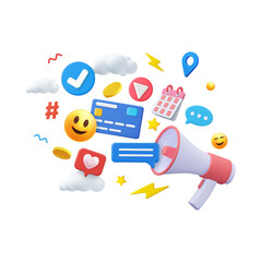 3d render of a megaphone announcing social media marketing concepts with icons