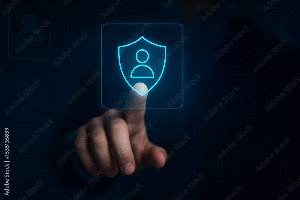 Poster futuristic digital interface with hand touching secure user shield icon for cybersecurity, access co