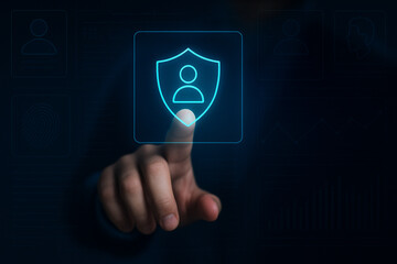 Futuristic digital interface with hand touching secure user shield icon for cybersecurity, access control, protection, identity verification, technology background