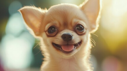 Adorable happy chihuahua puppy portrait outdoors in sunlight.