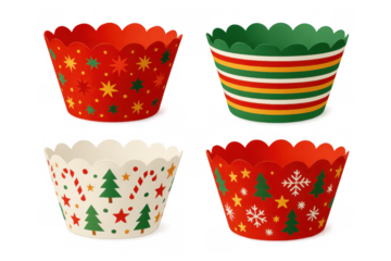 Four empty colorful christmas cupcake liners with festive patterns, isolated on transparent background, ready for holiday baking