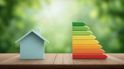 A small house model next to a colorful energy efficiency rating chart on a wooden surface with a blurred green background.