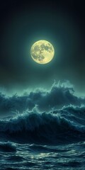 full moon at night above strong waves deep blue phone wallpaper