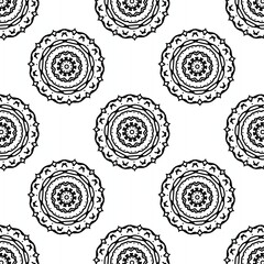 Monochrome mandala seamless pattern with intricate circular line art. Ideal for boho designs, home decor, fabric, digital backgrounds, and coloring books.