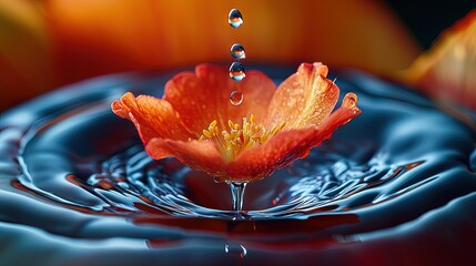 Delicate flower resting on rippling water, a drop of water falling.