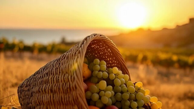 Abundance of freshly picked fruits overflowing from woven basket in vineyard against golden sunset background.