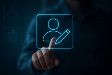 Futuristic profile edit concept with glowing digital pencil icon on touch interface, perfect for tech, security, identity, UI design themes