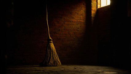 Old broom leaning against brick wall in dark room