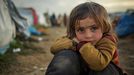 A young child embraces an adult in a makeshift camp setting, surrounded by tents and rugged terrain.