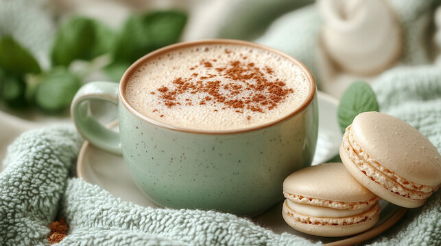Flatlay of mint green latte in cup, sweet macaron, and cozy towel on light background 
