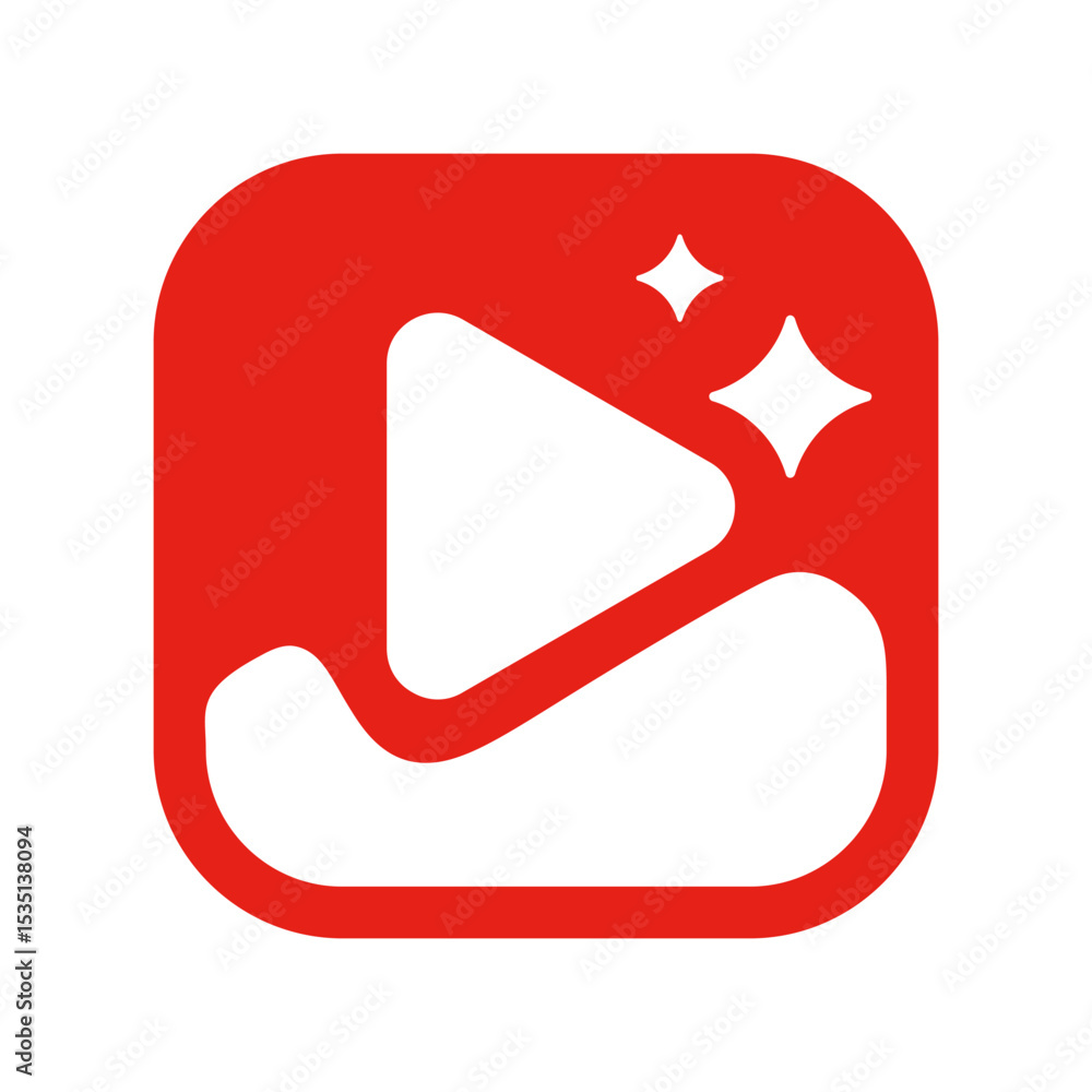 Poster stylized media player icon with play button and sparkles against a red background