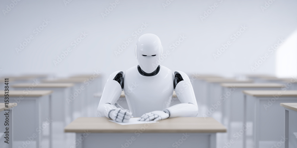 Poster robot sitting at a wooden desk in a classroom setting, surrounded by empty desks, showcasing the con