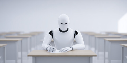 Robot sitting at a wooden desk in a classroom setting, surrounded by empty desks, showcasing the concept of artificial intelligence in education and learning environments