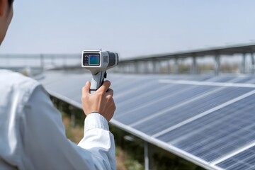 Technician using thermal imaging camera to inspect solar panels in a sunny outdoor environment