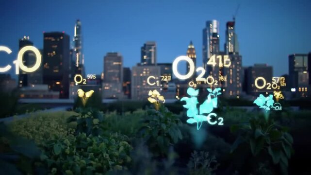 Plants with o2 and co2 symbols against a city skyline at dusk under a dark blue sky background