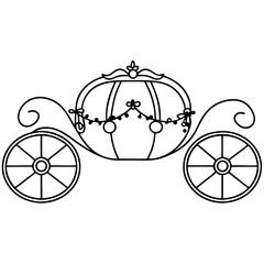 Elegant pumpkin carriage line art illustration.  Cinderella carriage design features ornate wheels and a regal crown. This charming carriage image is perfect for children's books.