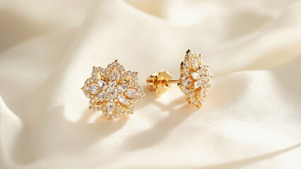 Fototapeta premium Elegant gold stud earrings with sparkling cubic zirconia flower design