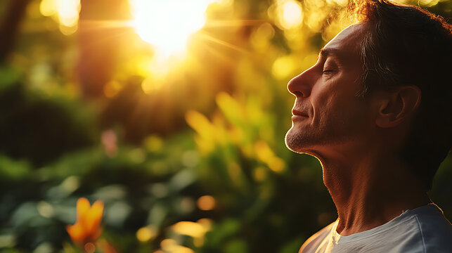 Man in serene contemplation amidst lush greenery at sunset - Powered by Adobe