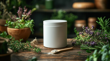 fitness and nutrition product mockup with white jar vanilla protein powder and fresh mint on wood table 