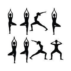 Eight Black Silhouettes of Women Performing Various Yoga Poses Tree Pose Warrior Pose and Squat