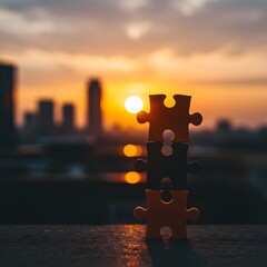 Stacked jigsaw pieces silhouetted against a blurred sunset cityscape backdrop