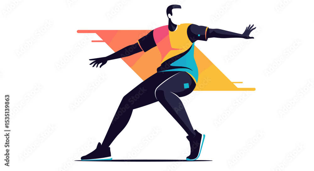 Poster dynamic athlete performing a throwing motion in a colorful design